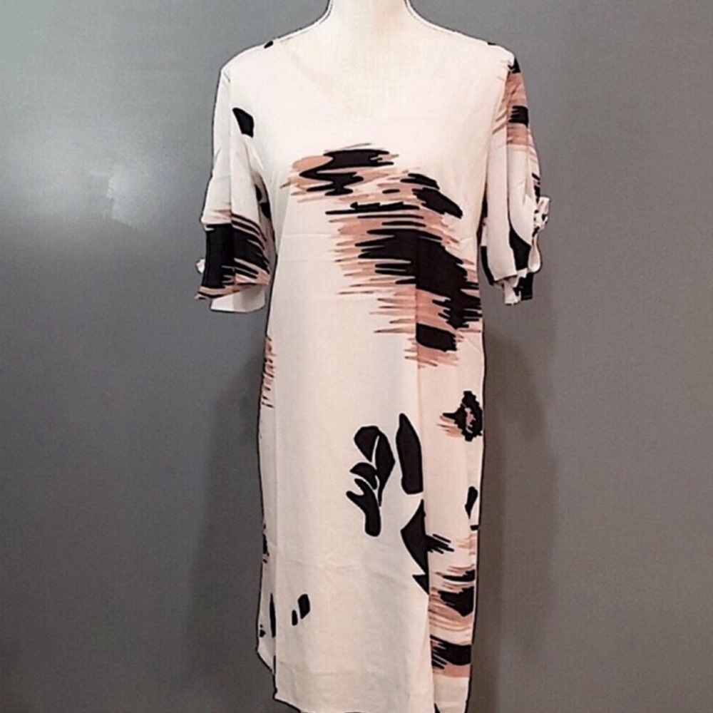 Yoins white, black, and tan cold shoulder shift dress
